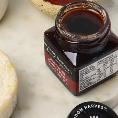 Cheese, nuts, crackers, and a jar of jam on a marble surface with 'Random Harvest' branding.