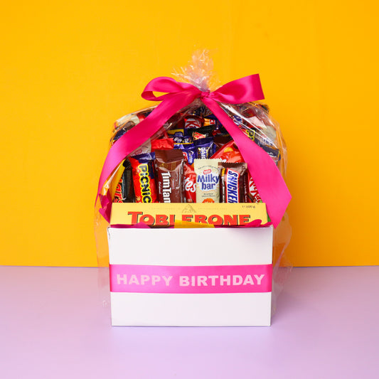 Candy basket with a pink ribbon and 'Happy Birthday' text on a yellow background