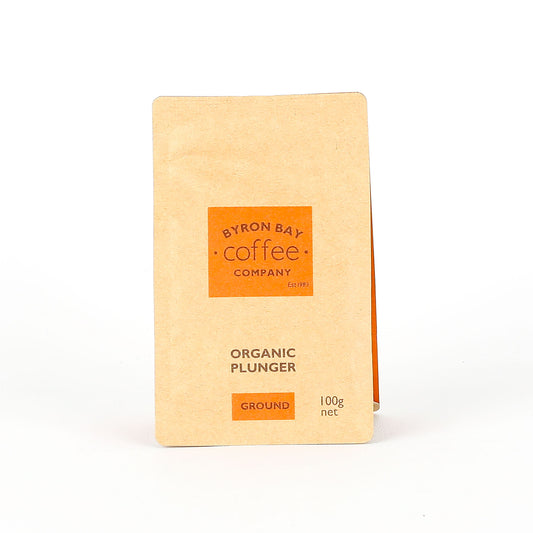 Packet of ground coffee from Byron Bay Coffee Company on a white background