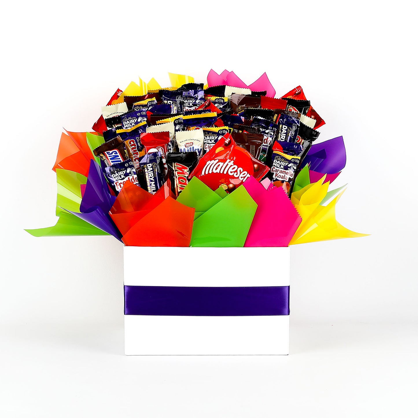 Assorted chocolate bouquet with colorful paper in a white box on a white background