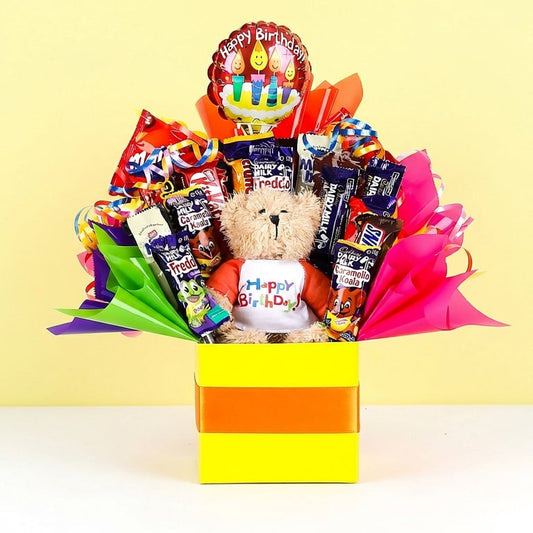 Happy birthday chocolate bouquet gift with teddy and balloon.
Delivered nationwide