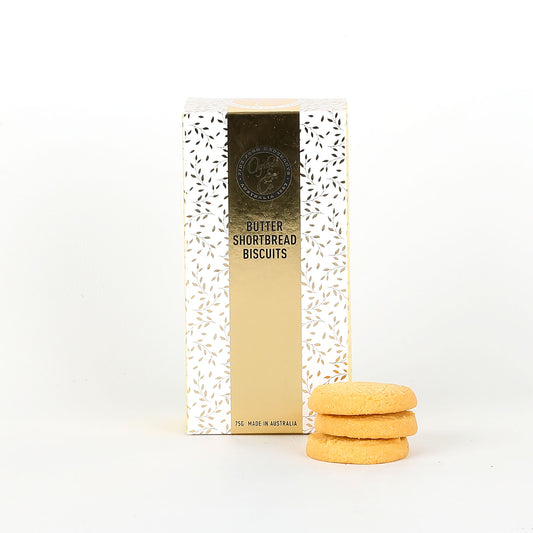 Butter shortbread biscuits in a decorative box on a white background