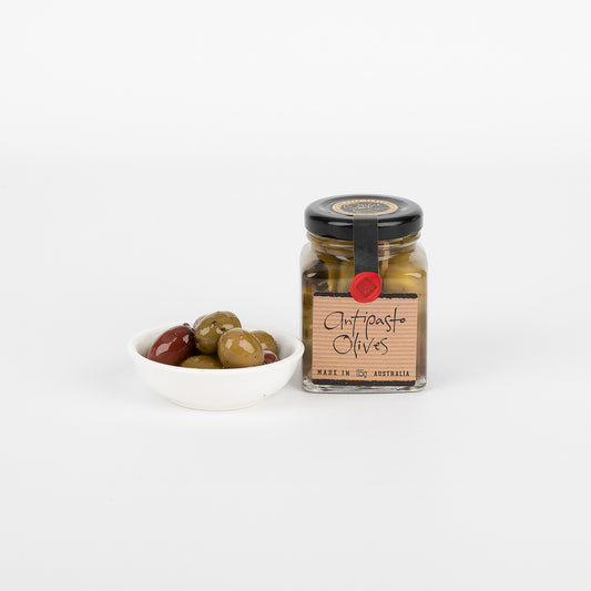 Jar of olives on a white background
