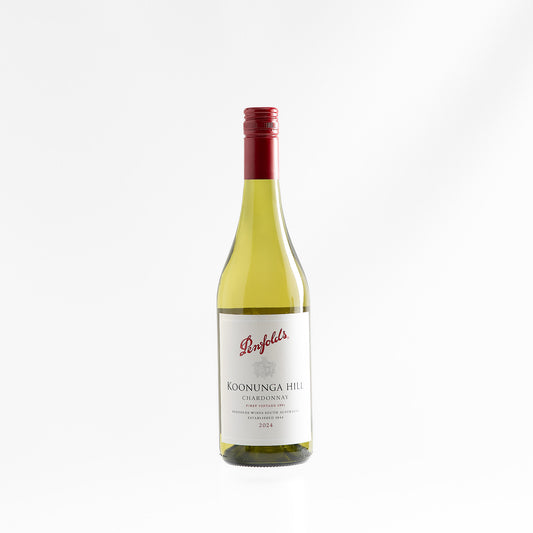 Bottle of Penfolds Chardonnay wine on a white background