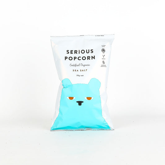Serious Popcorn bag with bear design on a white background
