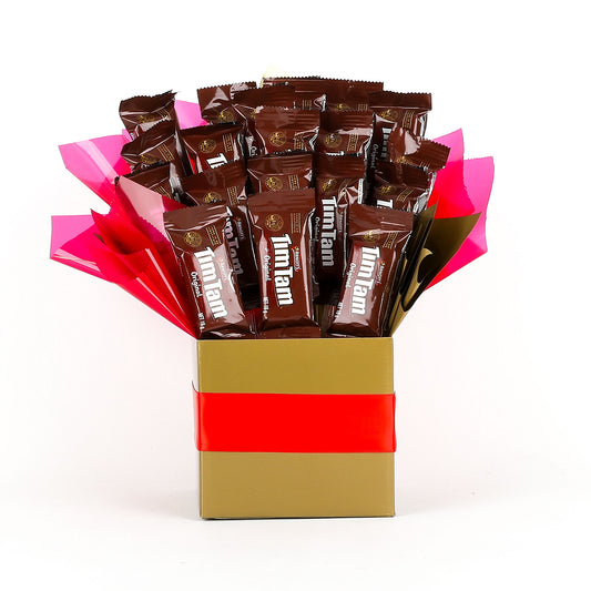 Bouquet of Tim Tam biscuits in a decorative box with pink and red accents on a white background