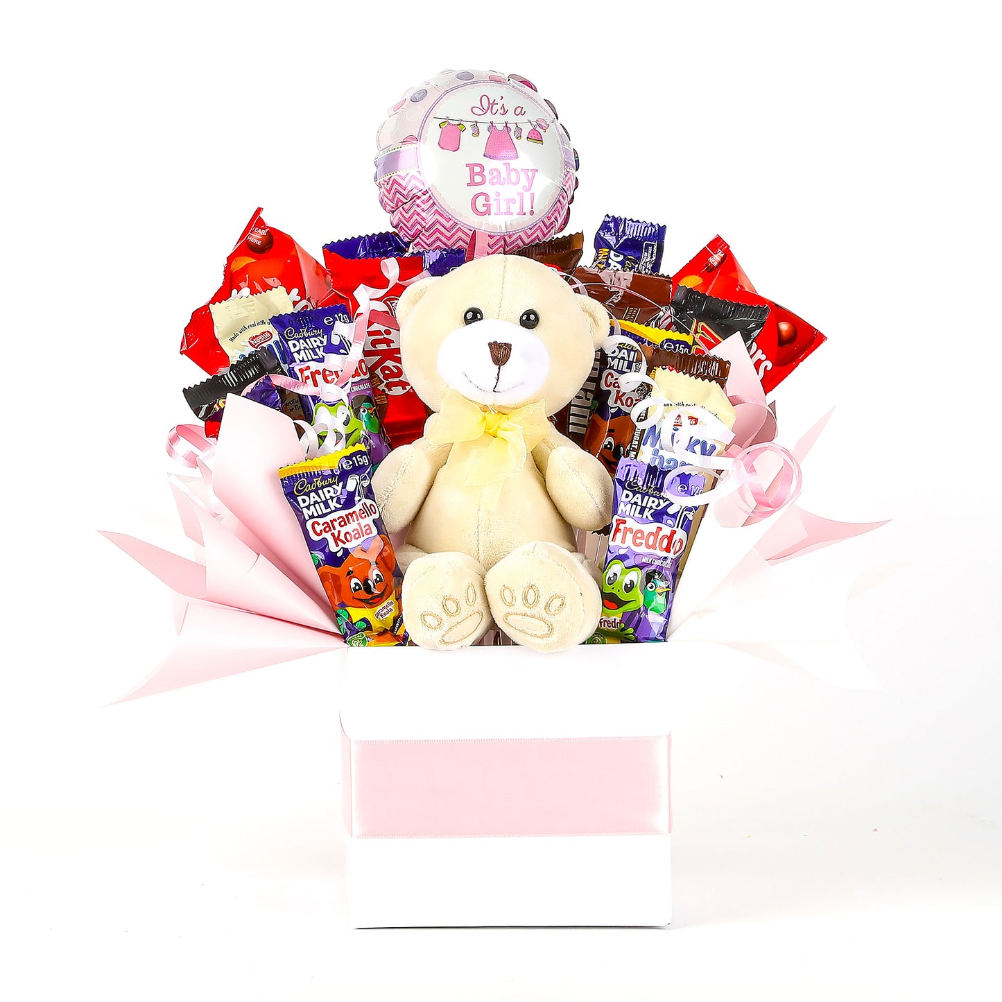 Gift basket with teddy bear, chocolate, and balloon on a white background