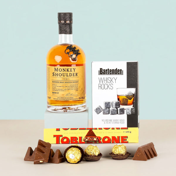 A Father's Day Hamper with Monkey Shoulder Whisky, Whisky Rocks and Toblerone
