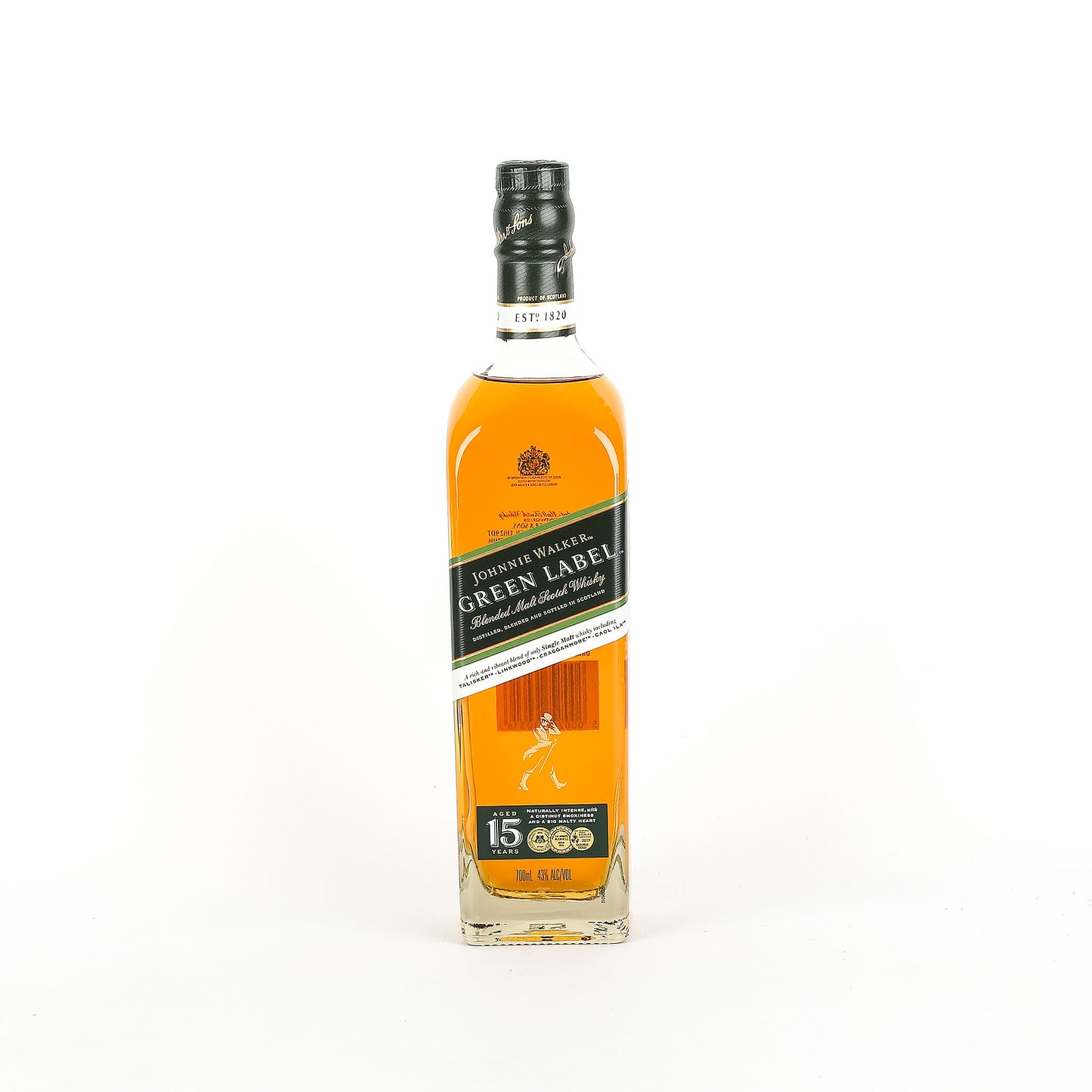 Johnnie Walker Green Label whisky bottle on a white background