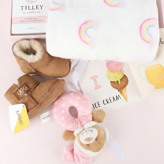 New baby girl gift hamper with candle for mum. Delivered Australia wide