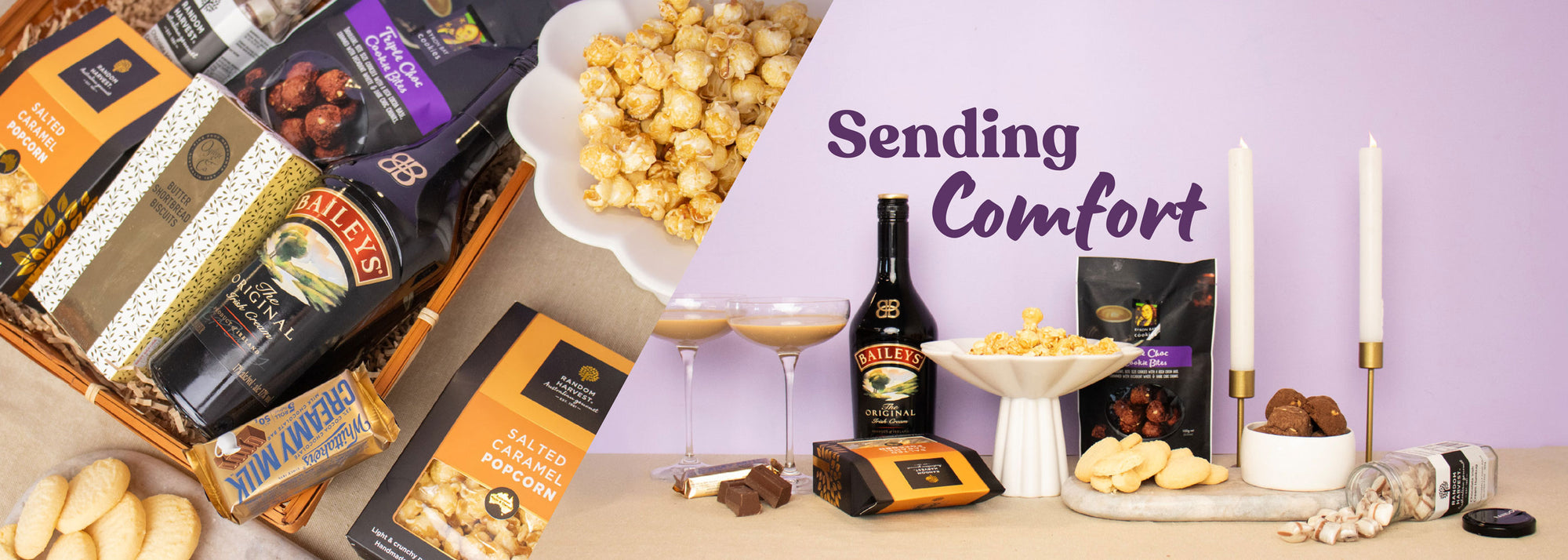 Close up of Baileys Hamper, spliced with a wide shot and the text "Sending Comfort" overlaid