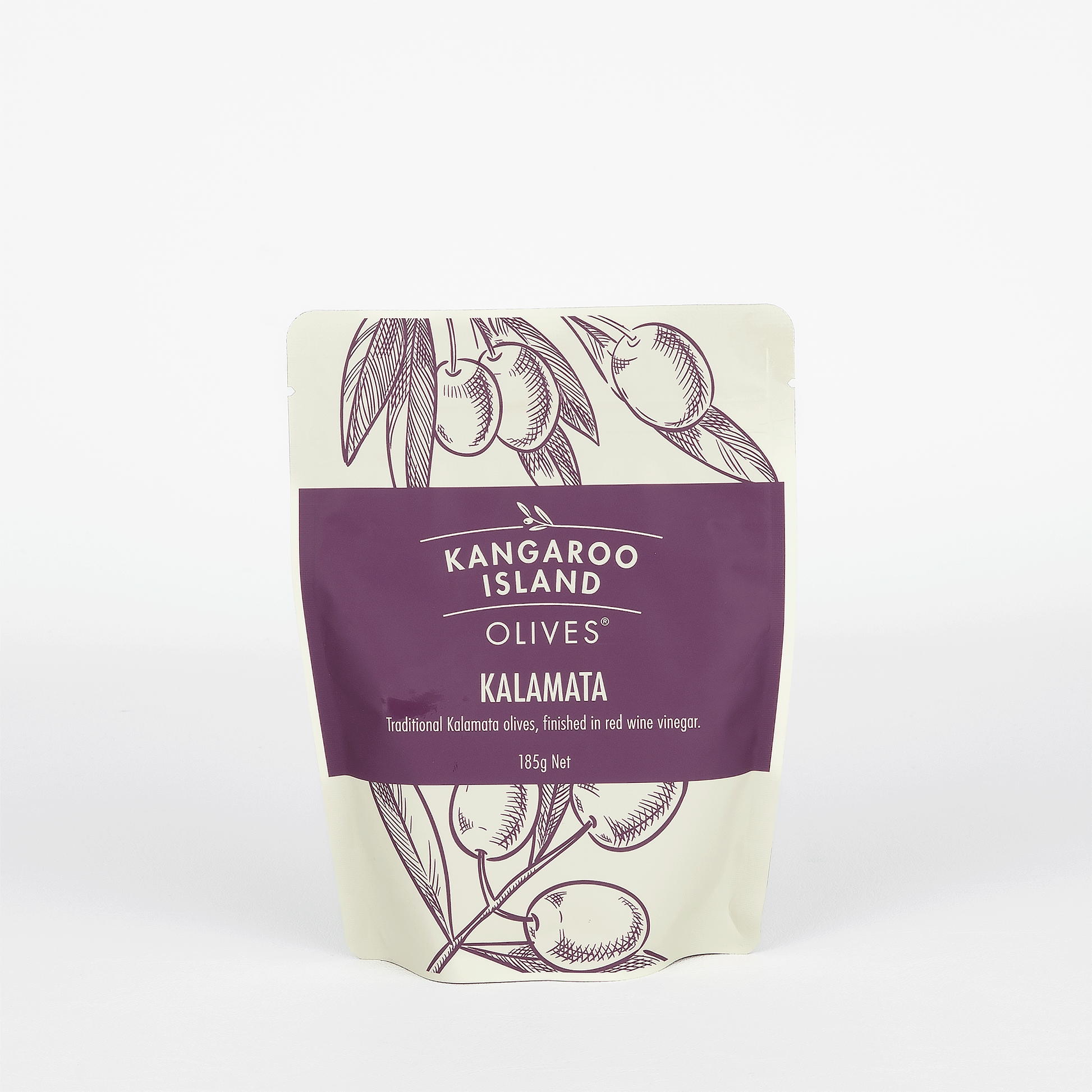 Pack of Kangaroo Island kalamata olives on white background