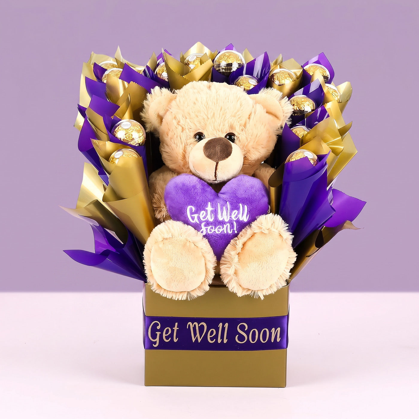 Teddy bear with a 'Get Well Soon' heart in a bouquet of flowers on a purple background