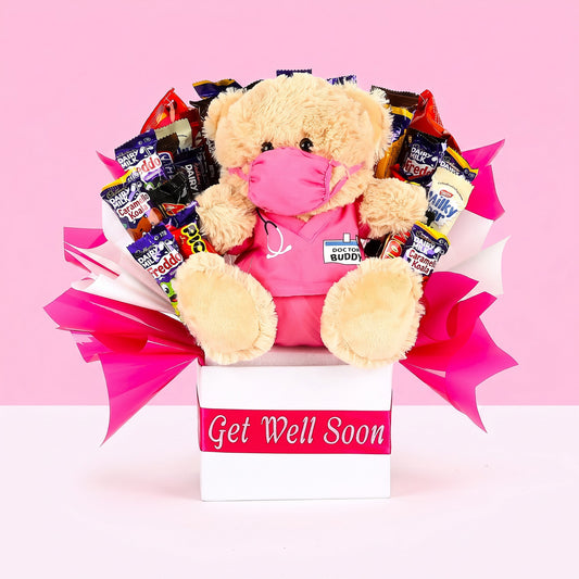 Bouquet of teddy bear and snacks with 'Get Well Soon' message on a pink background