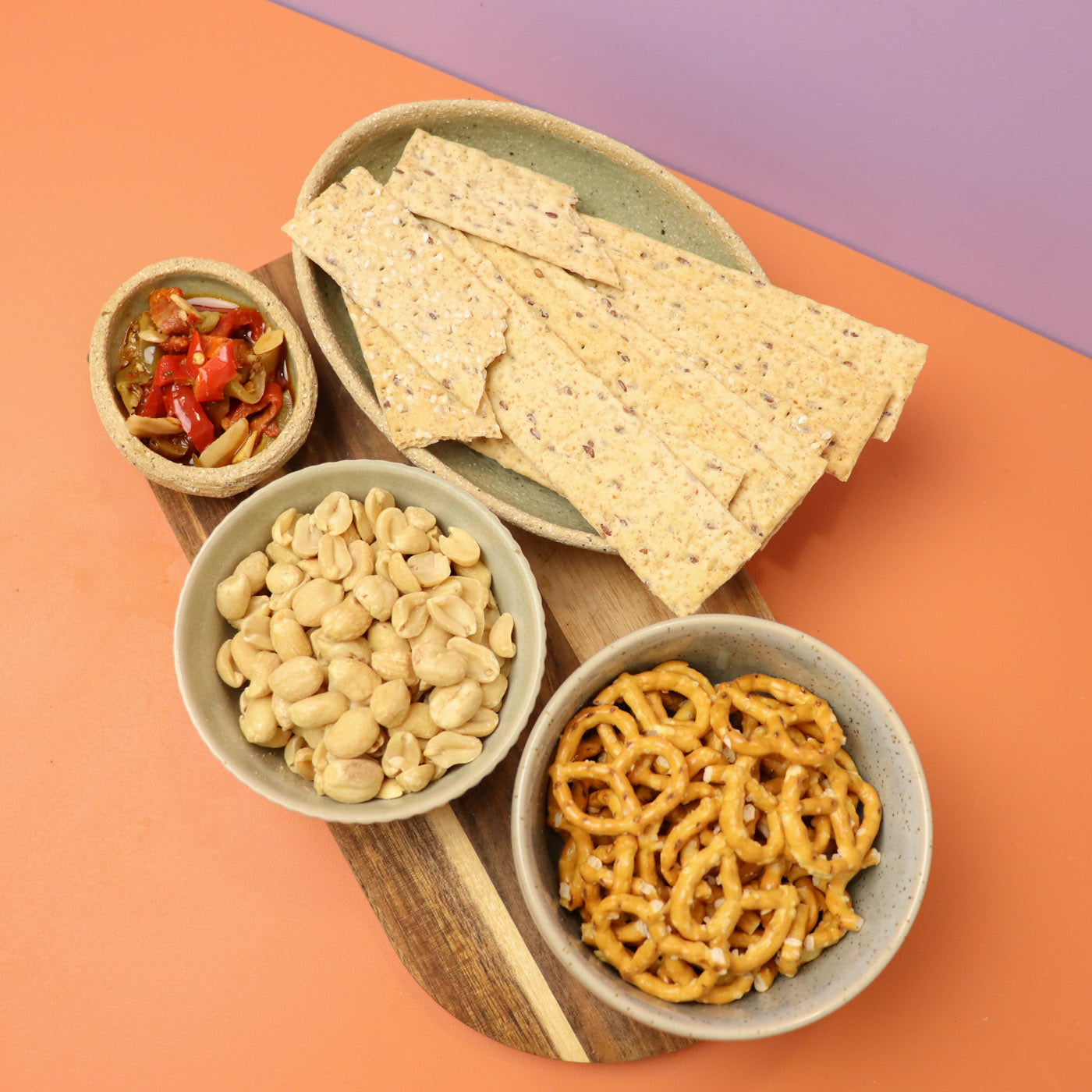 Hamper with a various selection of nuts, olives and antipasti mix