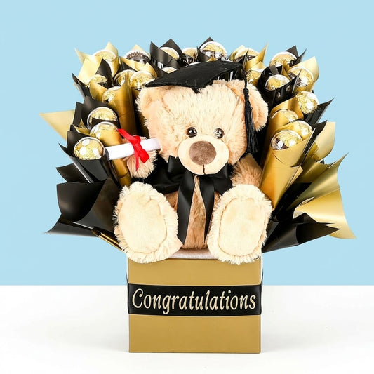 graduation teddy bear and chocolate bouquet. University graduation and high school graduation gift delivery nationwide.