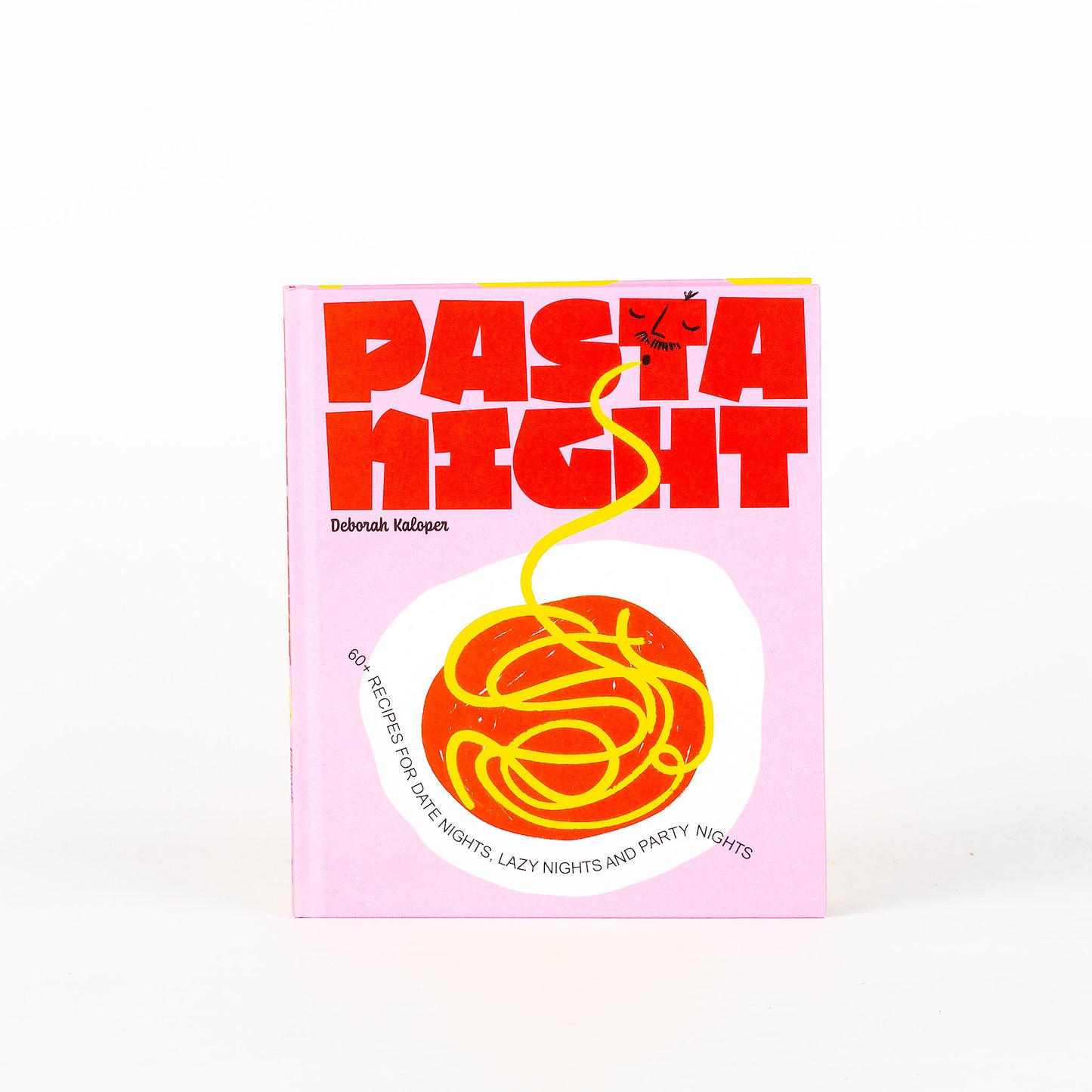 Book titled 'Pasta Night' with a pink cover and yellow noodles on a white background