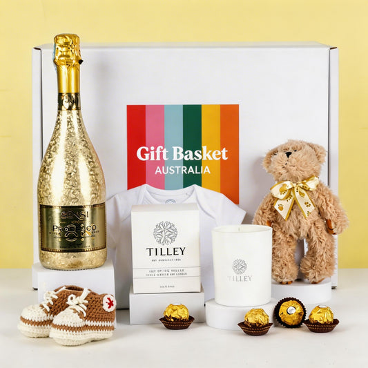 Gift basket with Prosecco, teddy bear, candles, and chocolates .
Delivered nationwide