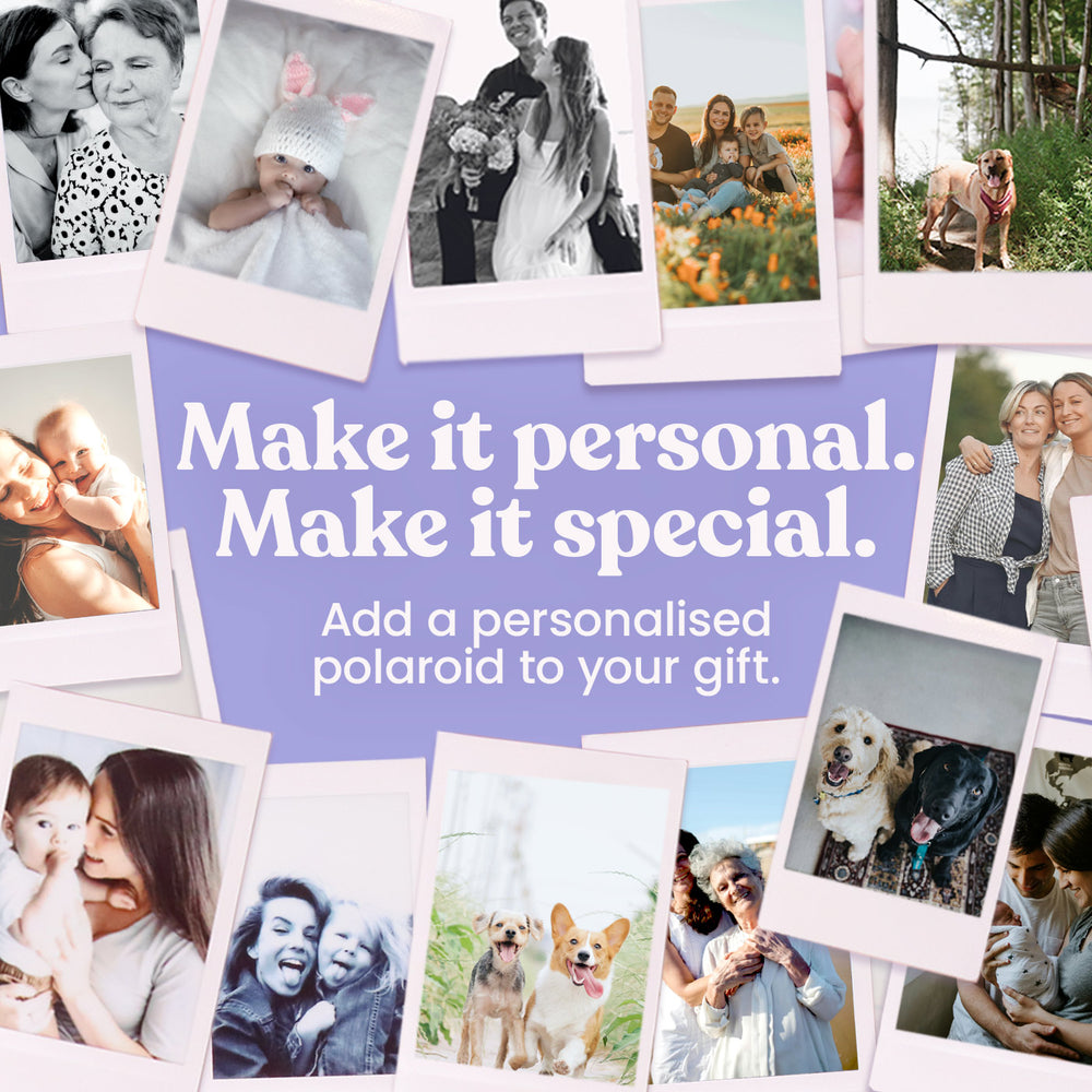 Collage of Polaroid-style photos with text 'Make it personal. Make it special.' and images of people, pets, and nature.