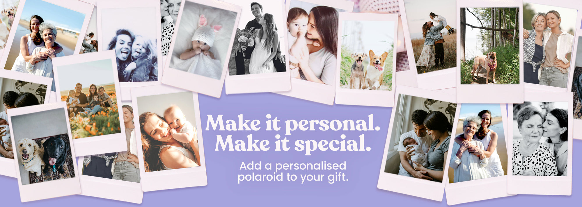 Collage of Polaroid-style photos with text 'Make it personal. Make it special.' on a purple background.