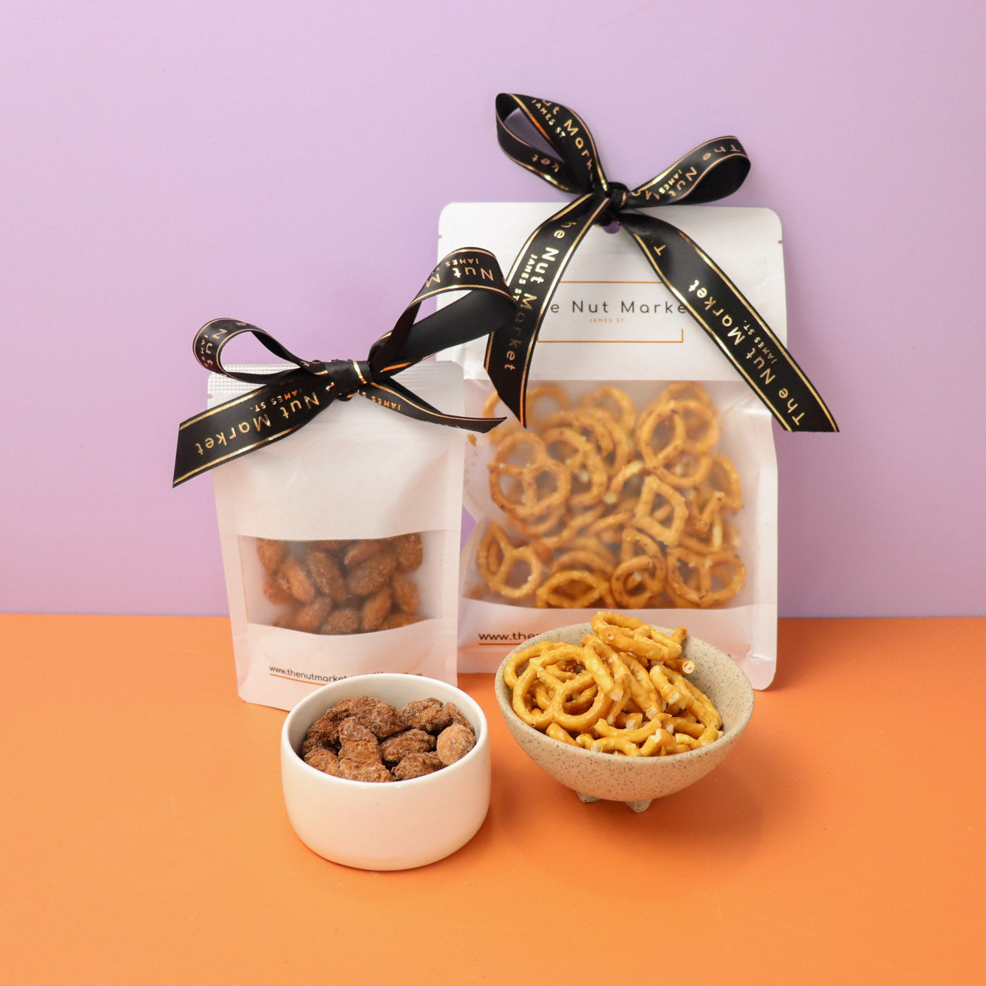 Cinnamon almonds and pretzels
