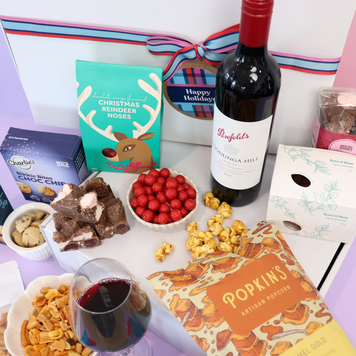 Large Christmas Penfolds Shiraz and snacks gift basket delivered Sydney