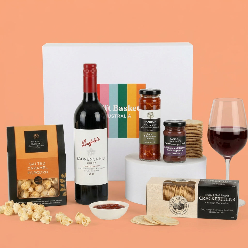 Gift basket with wine, popcorn, crackers, and jam on a pink background