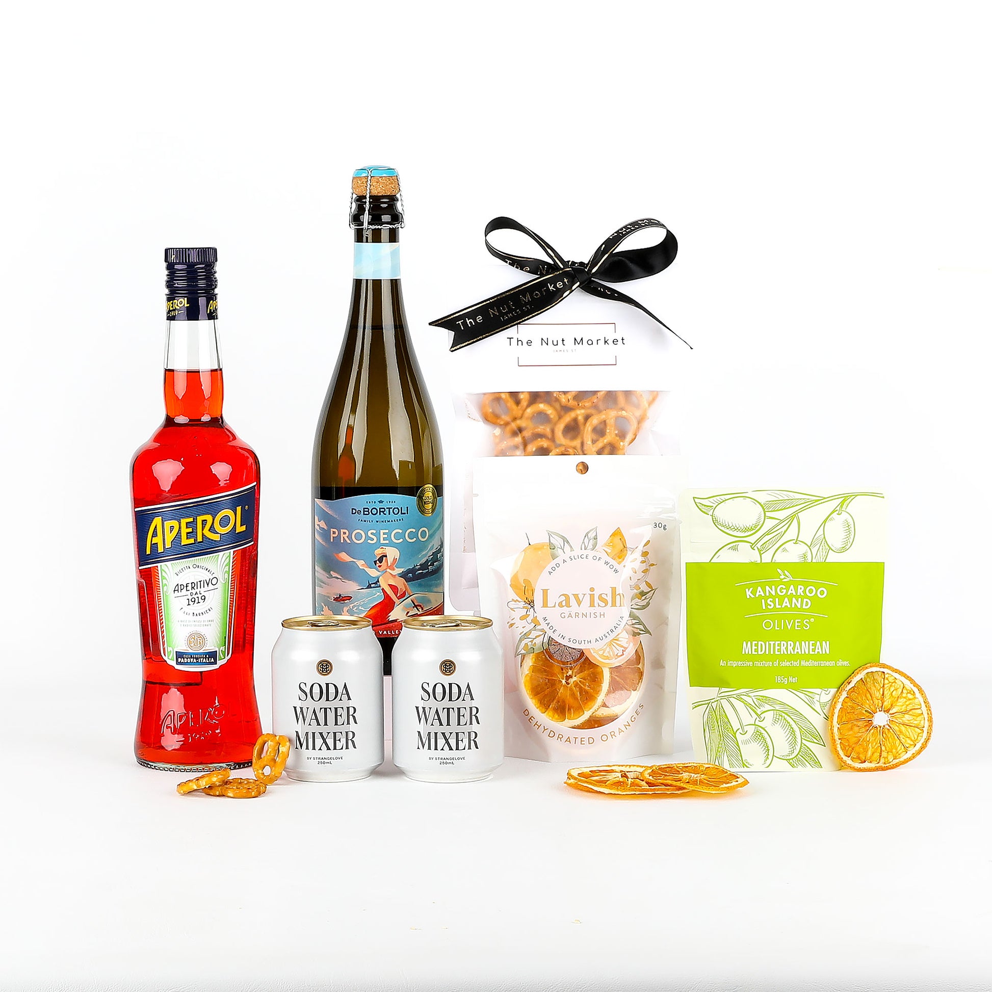 Alcohol bottles, mixers, and snacks on a white background