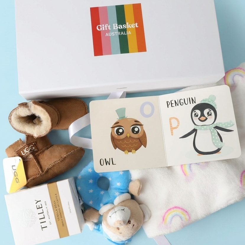 New baby boy gift with pamper products for the new mum. 
