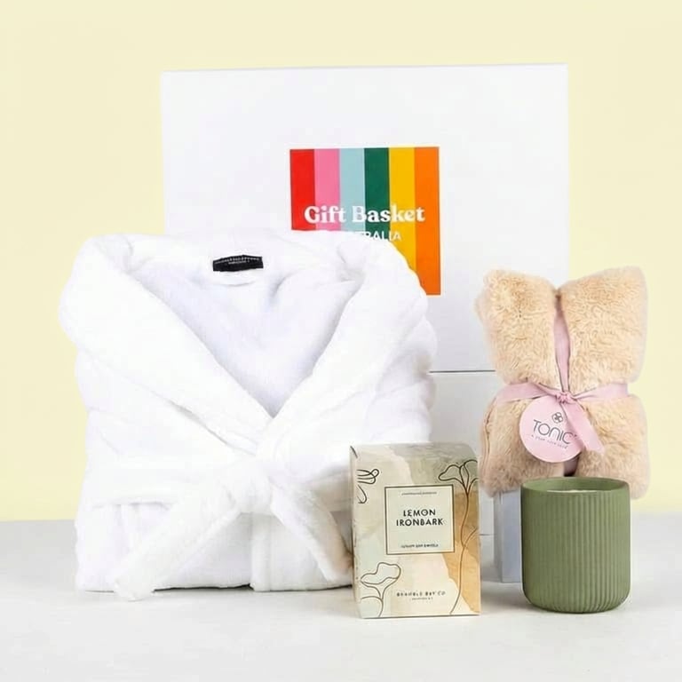 Pamper gifts for her. Bathrobe candle and heat pillow gift basket and hamper delivery Nationwide.