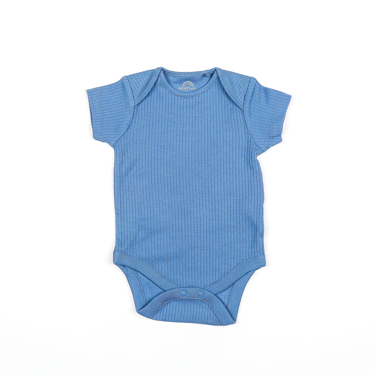 Blue baby onesie on a white background