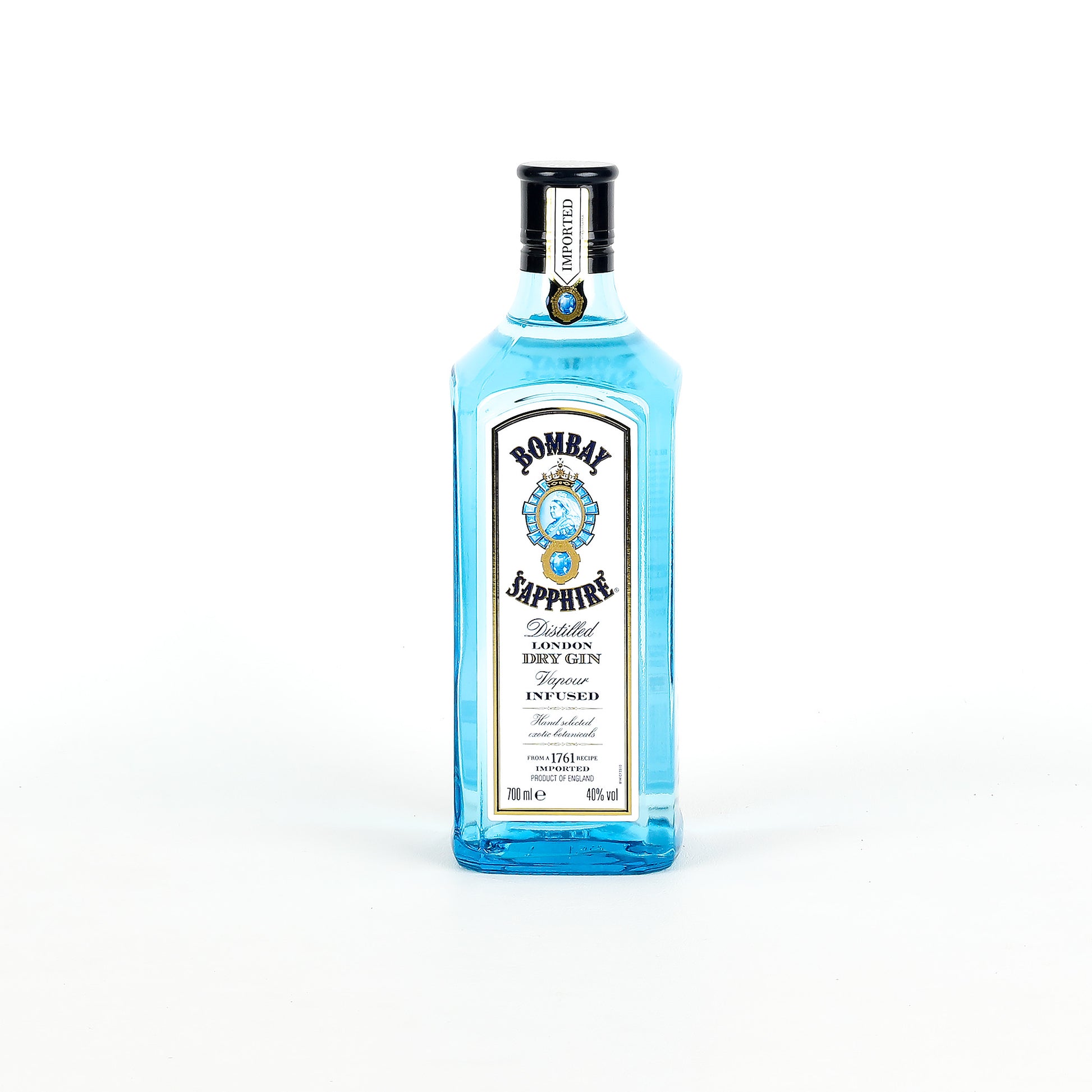 Bottle of Bombay Sapphire gin on a white background