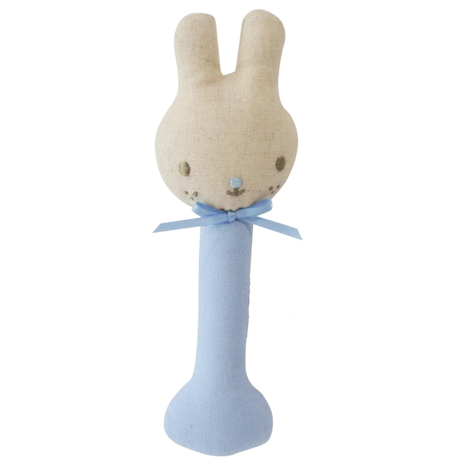 Stuffed bunny toy with a blue handle on a white background