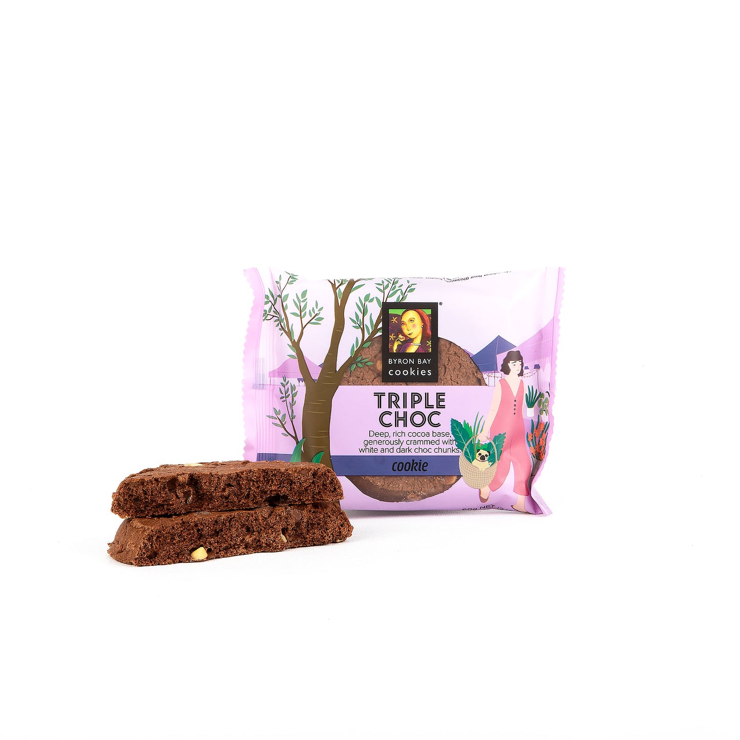 Triple chocolate cookie with packaging on a white background