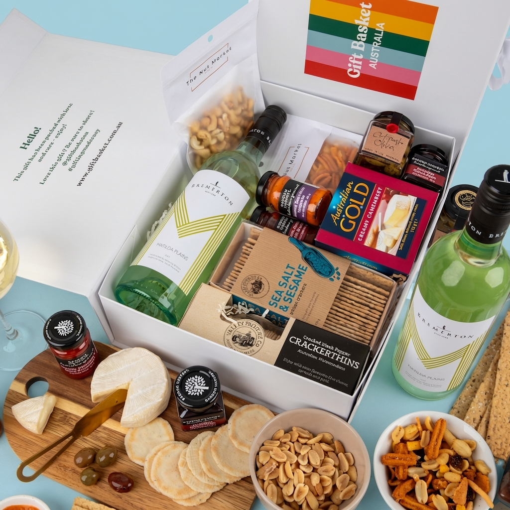 Gift basket with wine, cheese, and snacks on a blue surface