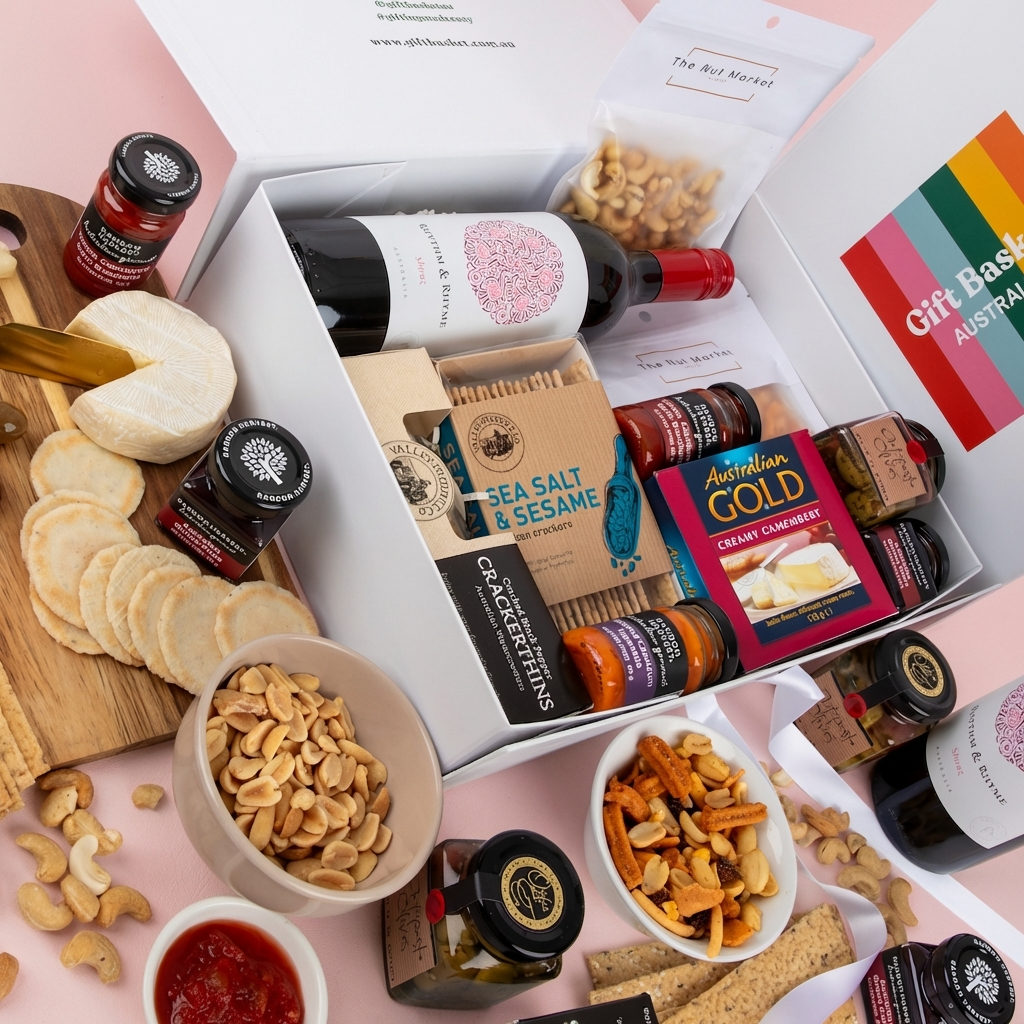 Cheese Platter & wine gift hamper delivered same day. 
Cheese platter and gourmet nibbles with shiraz wine gift hamper.