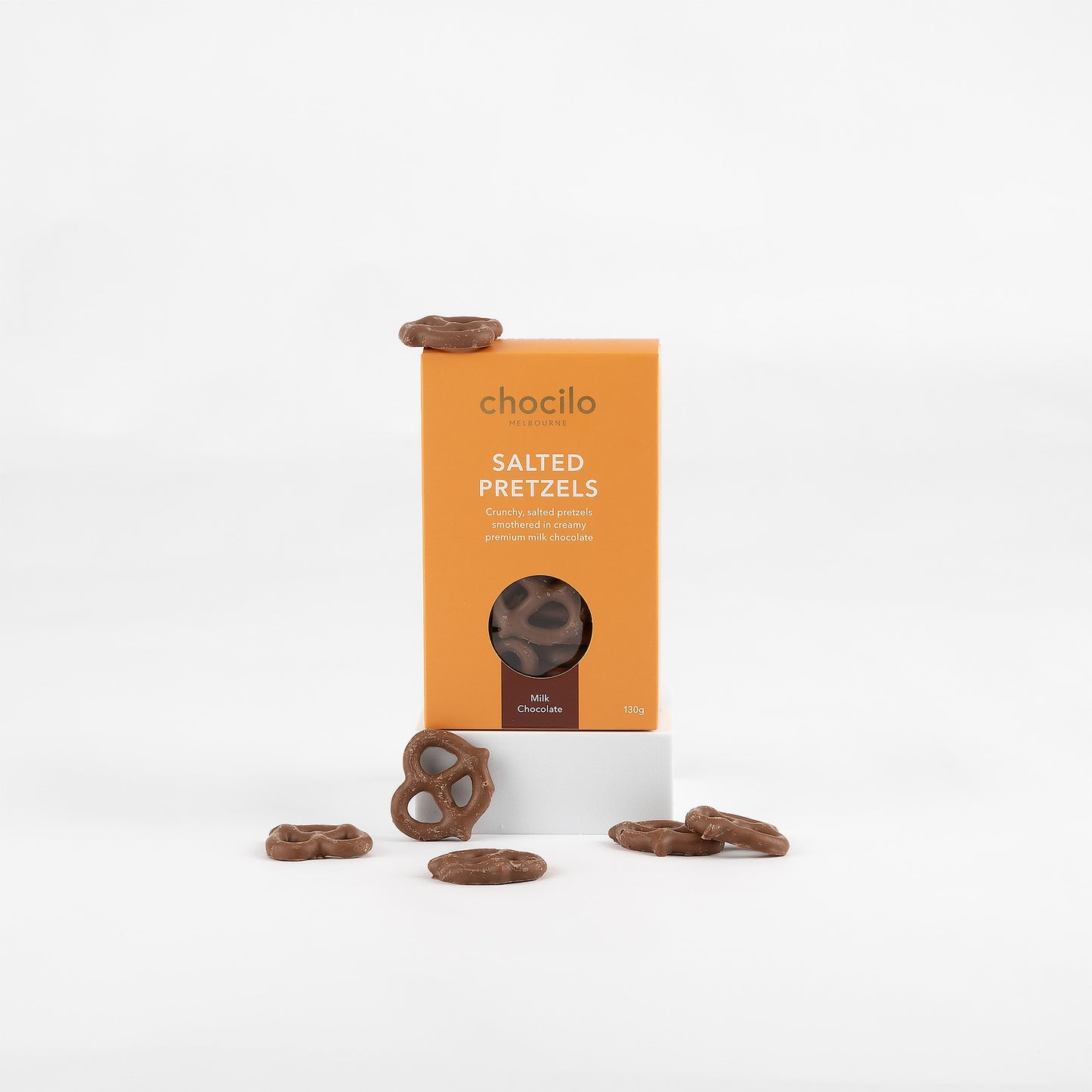 Box of Chocilo salted pretzels on a white background