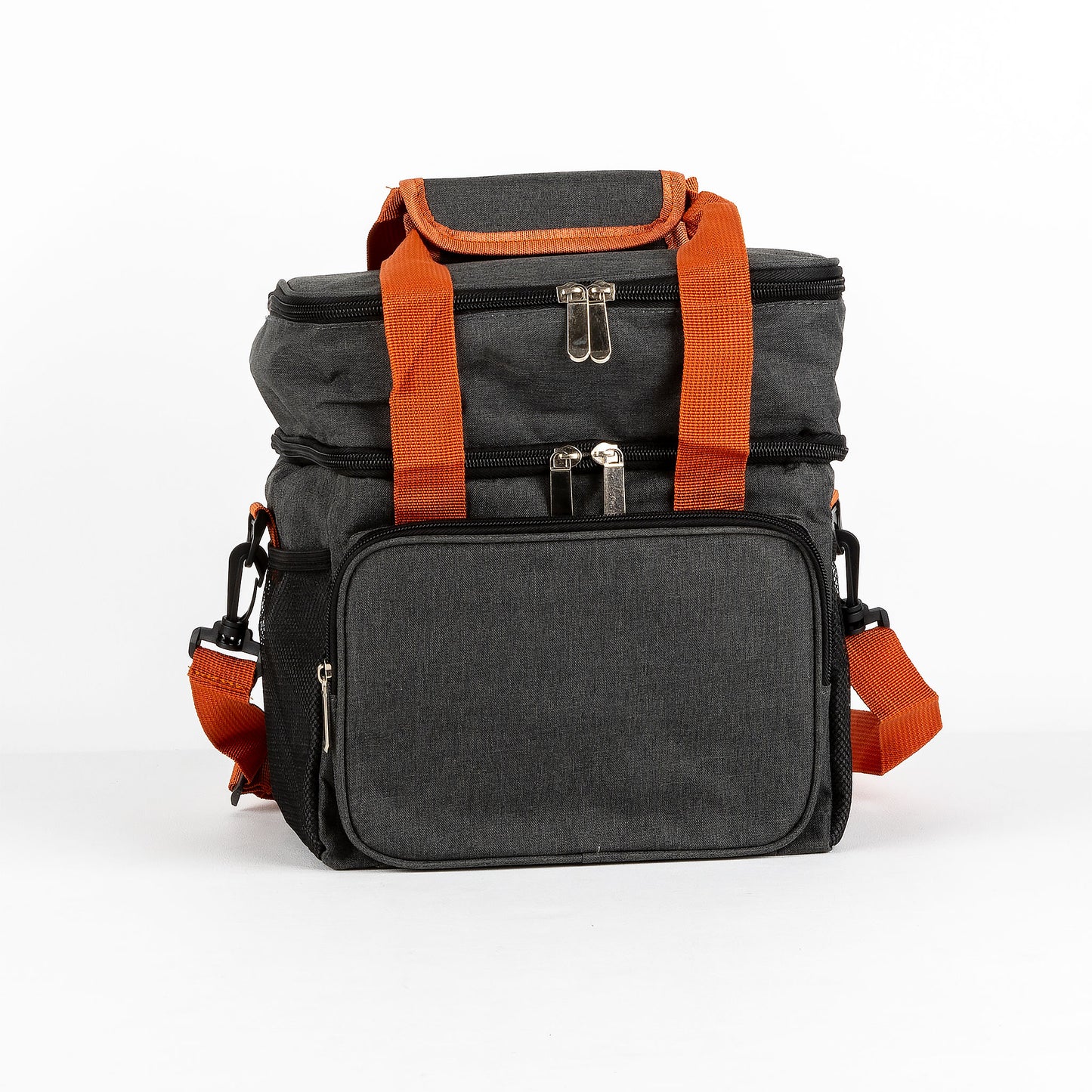 Grey, black and orange cooler bag on a white background
