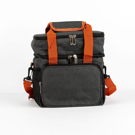 Grey, black and orange cooler bag on a white background