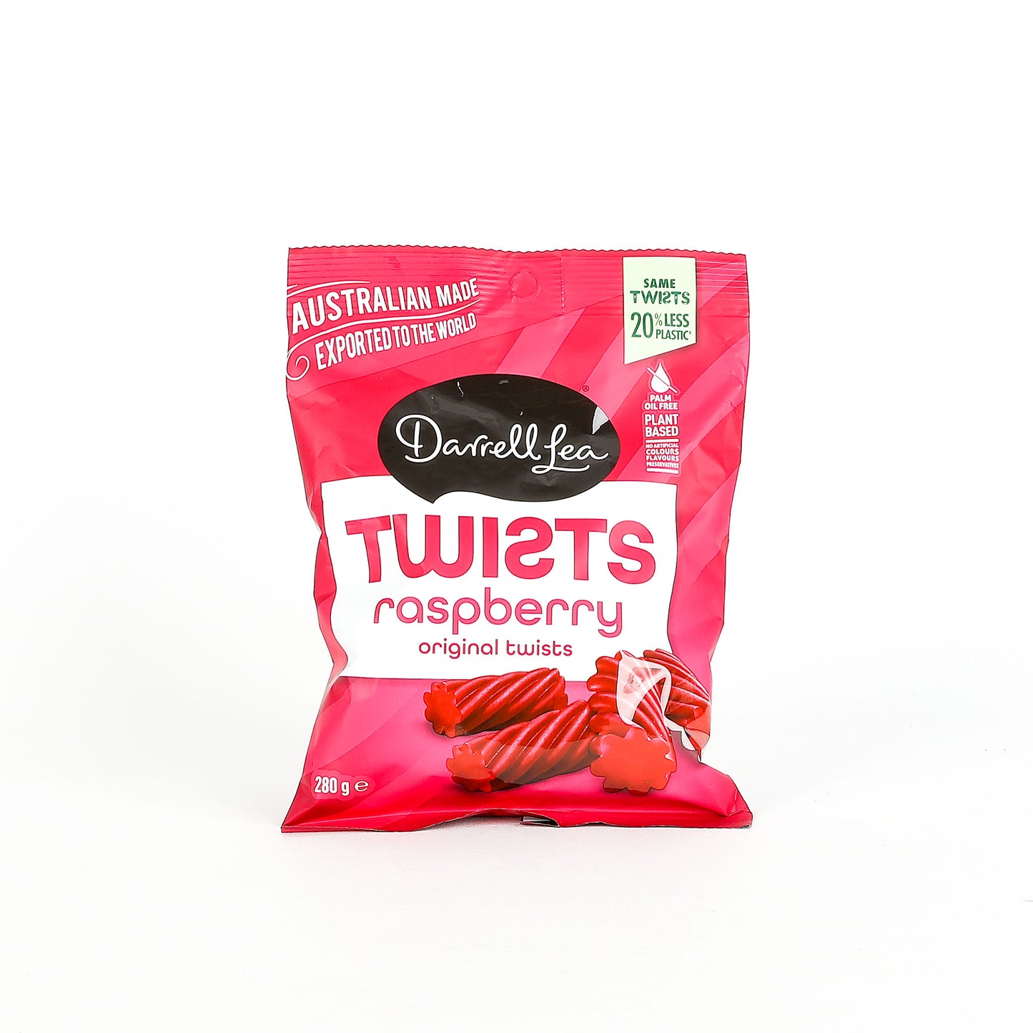 Pack of Darell Lea Raspberry Twists on a white background