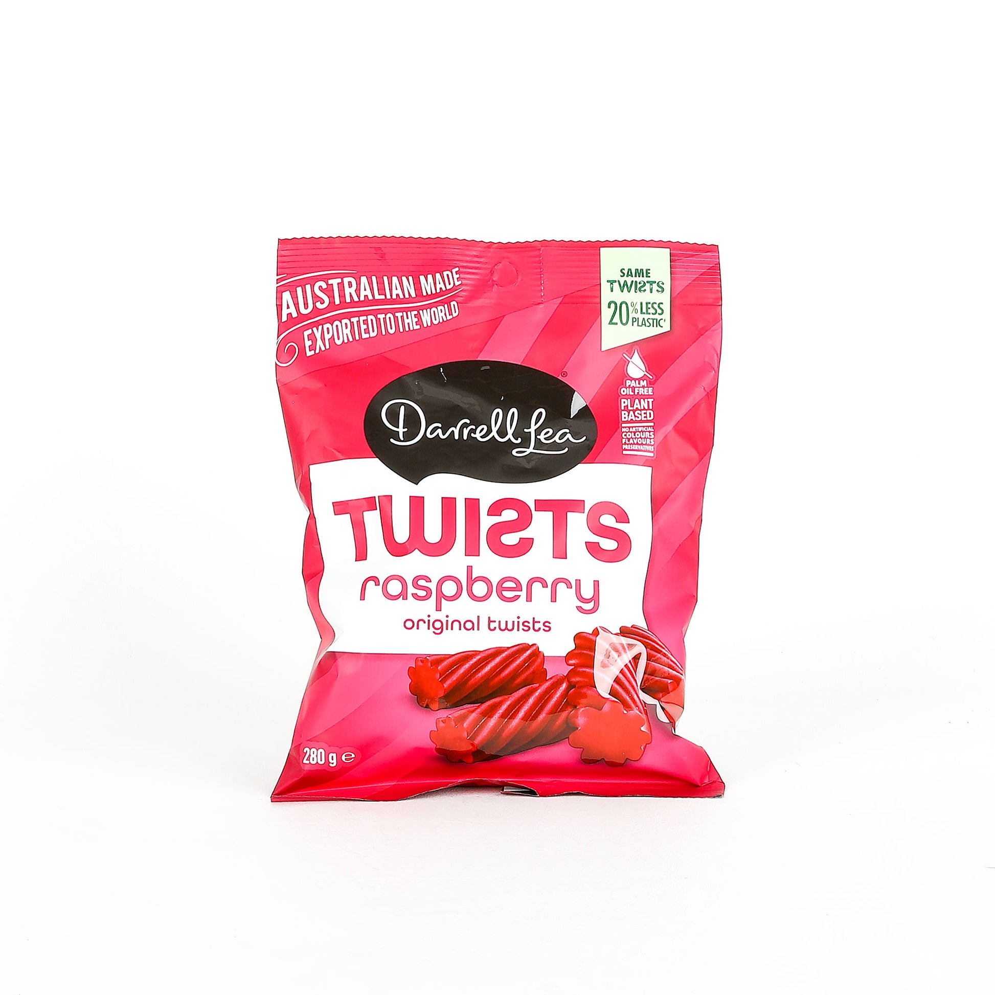 Pack of Darell Lea Raspberry Twists on a white background