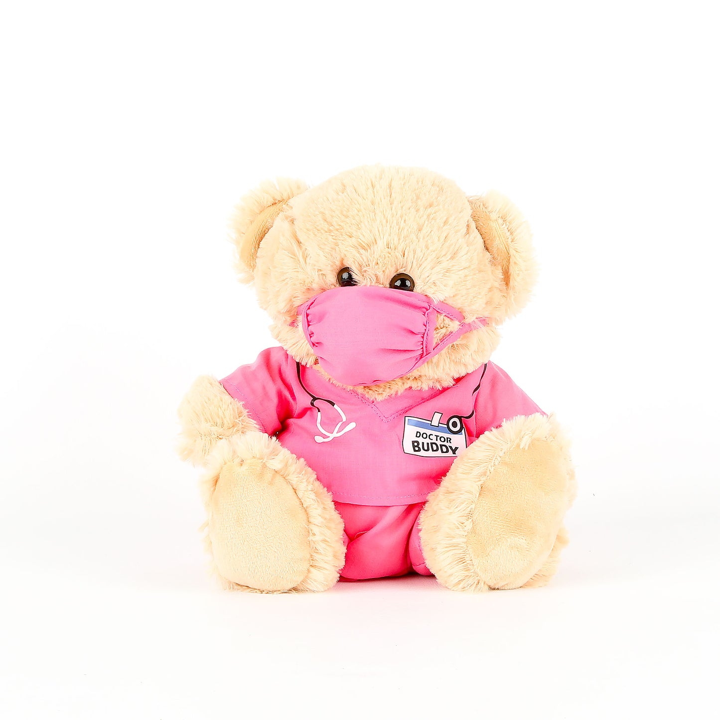 Teddy bear wearing a pink shirt and face mask on a white background