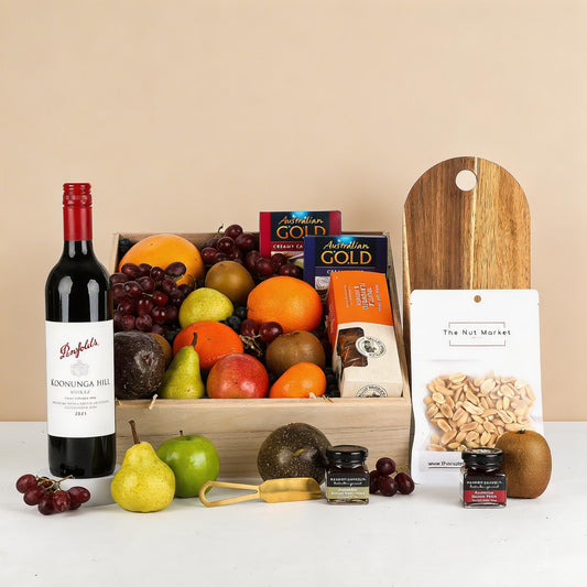 Fruit basket with red wine and nibbles delivered same day