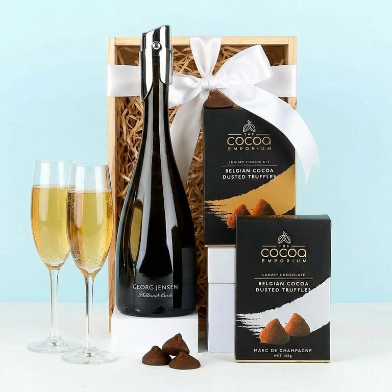 George Jensen gift with truffle chocolates.  Celebration gift hamper delivery nationwide.