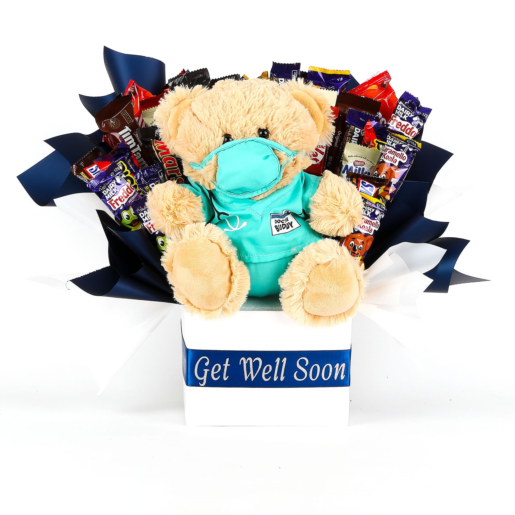 Bouquet of teddy bear and chocolate with a 'Get Well Soon' ribbon on a white background
