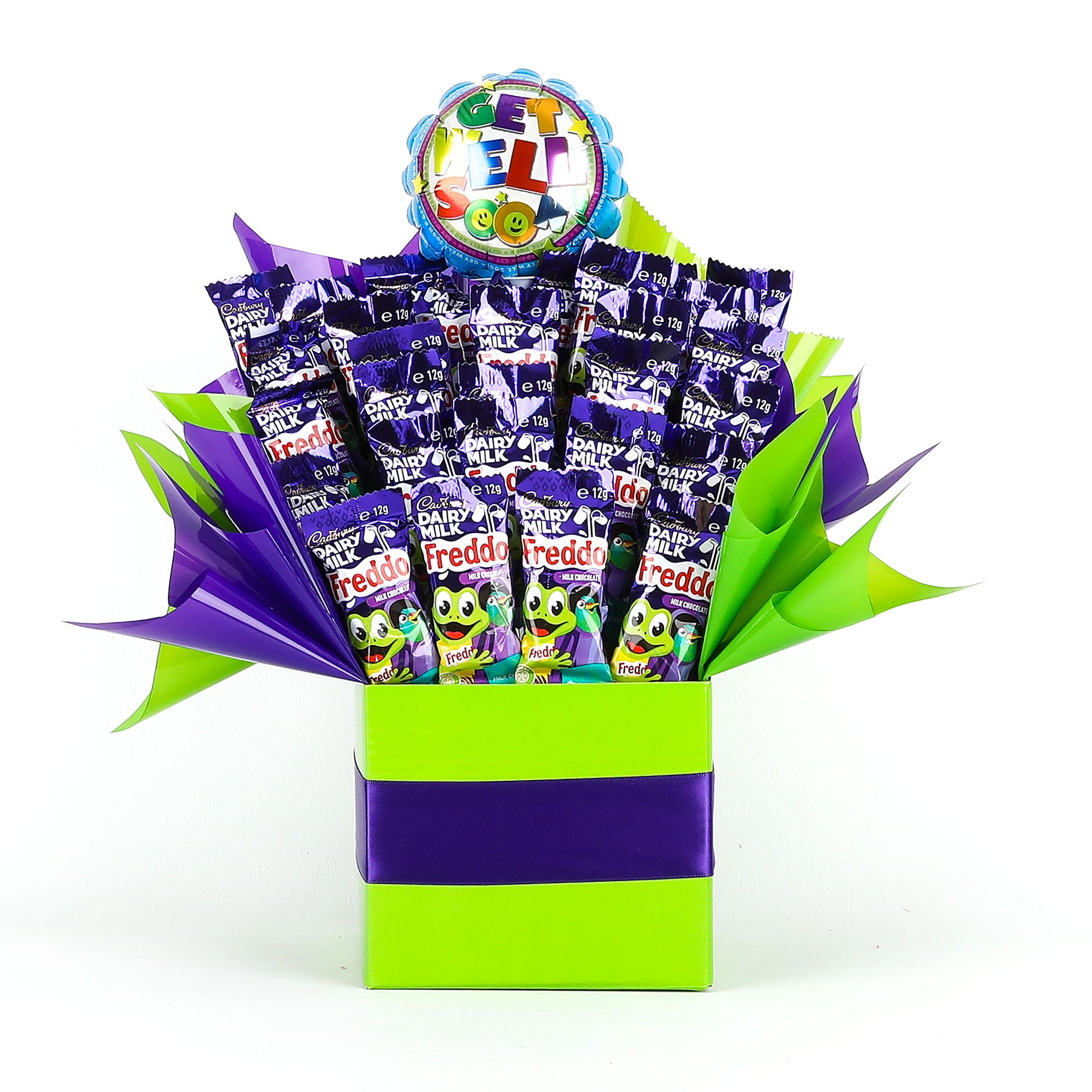 Colorful gift box filled with Cadbury Dairy Milk Freddo Frogs and a get well-themed balloon on a white background