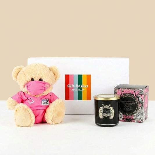 Get well gift. Luxury Candle and get well teddy bear gift hamper. Get well soon gift hampers delivered Nationwide.