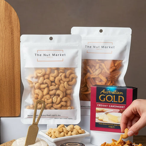 Two packages of The Nut Market nuts with a hand holding a snack, set against a neutral background.