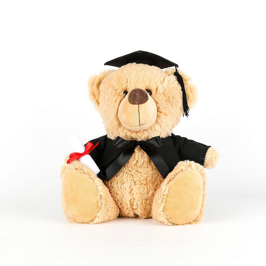 Graduation-themed teddy bear with a black cap and gown on a white background