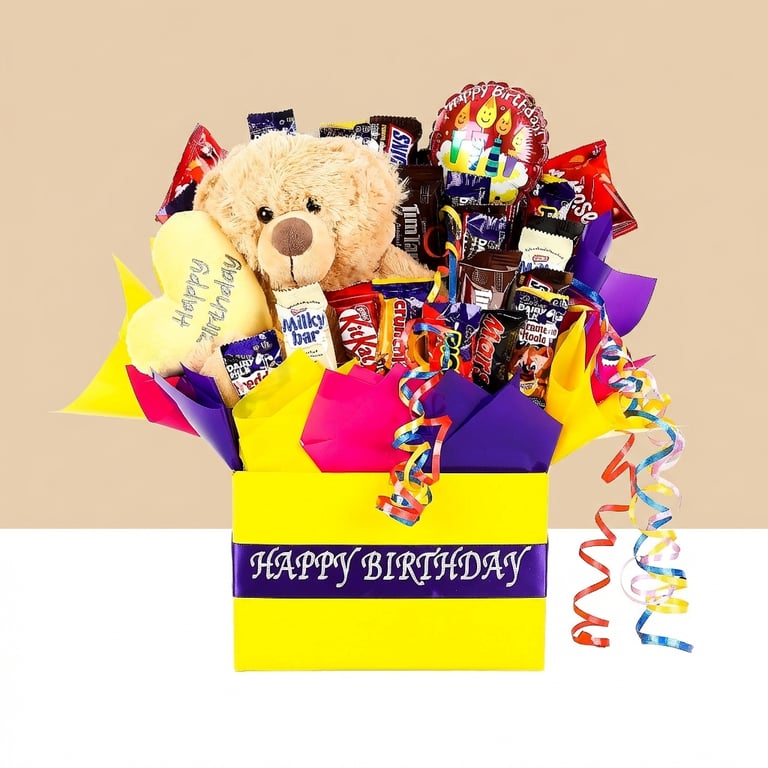 Happy birthday chocolate bouquet with teddy bear and balloon. Birthday gifts delivered nationwide. Fun birthday gifts delivered nationwide or same day .